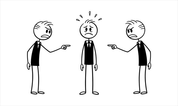 Accused man in distress surrounded by pointing figures of blame