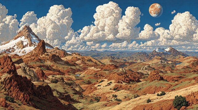 surreal digital artwork of mountain landscape with cloudy sky and moon in the distance