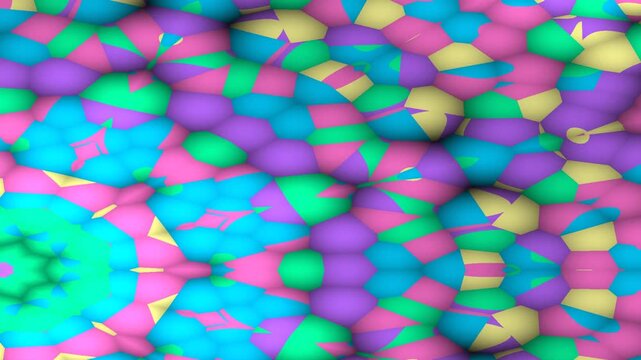 A vibrant abstract kaleidoscopic pattern with colorful geometric shapes and a bubbly texture.