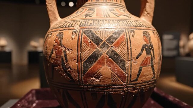 Ancient terracotta amphora with painted figures and geometric patterns