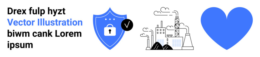 Data security, environmental protection, love, industrial safety, technology integration, and corporate responsibility. Shield with lock, factory line art and a heart. Data security