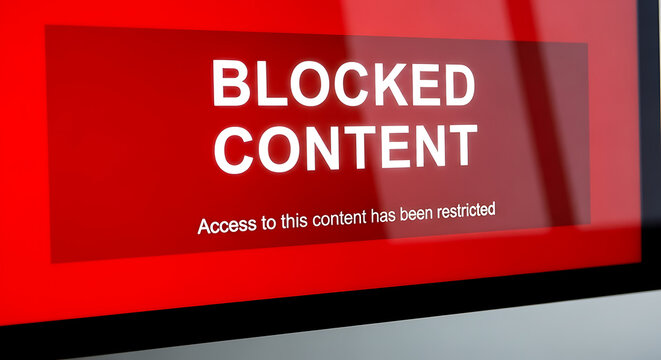 Vivid red digital monitor displaying an ominous glowing blocked content warning notification symbolizing strict internet censorship, restricted access, data security, and firewall protection.
