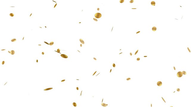 3d golden coins falling down, realistic gold coins falling in slow motion, 4k loopable overlay. Coin rain with alpha channel.