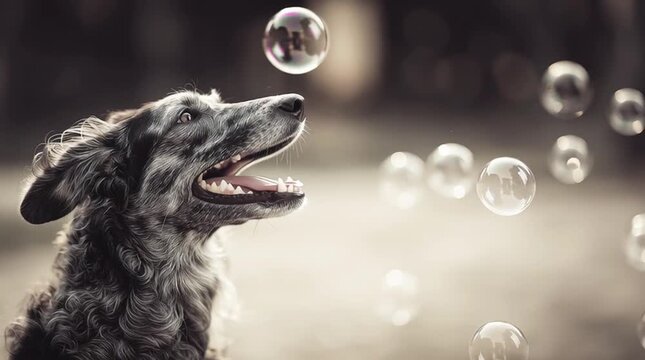 loyal. Playful dog surrounded by floating soap bubbles in a cheerful and warm natural setting. lifestyle magazines, social media lookbooks, designed for lifestyle magazines and social media content.