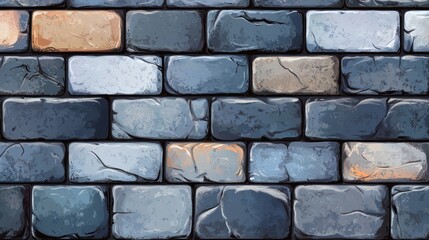 Fototapeta premium Artistic illustration showcasing a rugged stone wall texture with a mix of blue, grey, and warm earthy tones, creating a versatile and seamless background pattern for various design applications