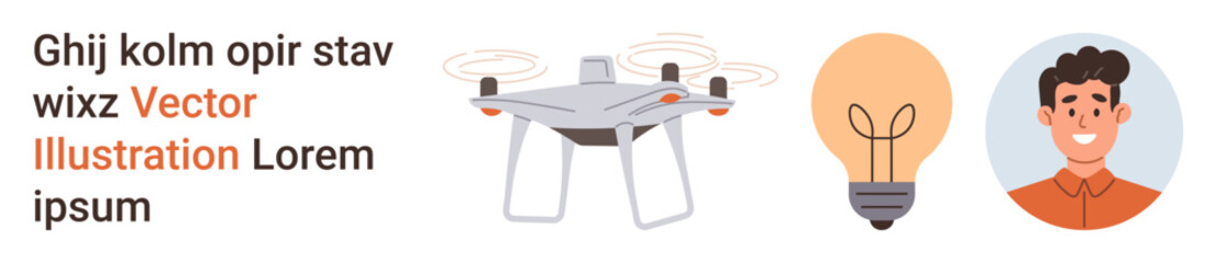 Technology, innovation, creativity, ideas, design, character. A flying quadcopter, a lightbulb and a male portrait. Technology and innovation portrayed with creativity and character © robu_s