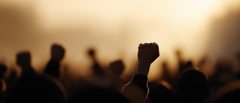 Peaceful protest crowd with raised fists at sunset, human rights movement, cinematic atmosphere