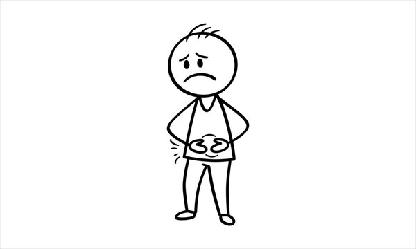 Unwell cartoon man clutching his stomach due to illness and severe digestive pain