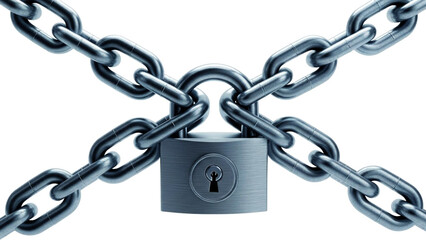 Obraz premium A secure, heavy-duty metal padlock fastened tightly around thick interlocking chains against a white background