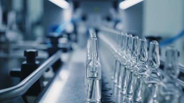 Glass bottles positioned on a production line in a factory, showcasing the sequential arrangement and clarity of each bottle along the conveyor belt