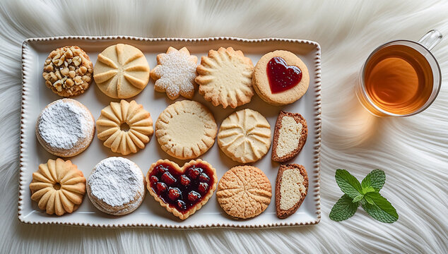 Assorted Homemade Cookies and Traditional Pastries Served with Tea on White Background for Tea Time and Festive Celebration