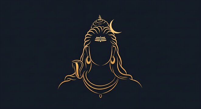 Minimalist Golden Line Drawing of Shiva Face on Dark Background Illustration