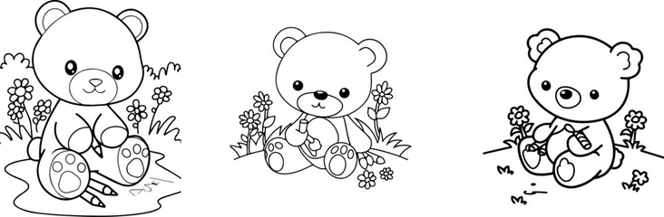 Fototapeta premium Cute Teddy Bear Drawings: A set of adorable teddy bear drawings. Each drawing depicts a teddy bear in a playful pose, surrounded by flowers. The designs feature clean lines.