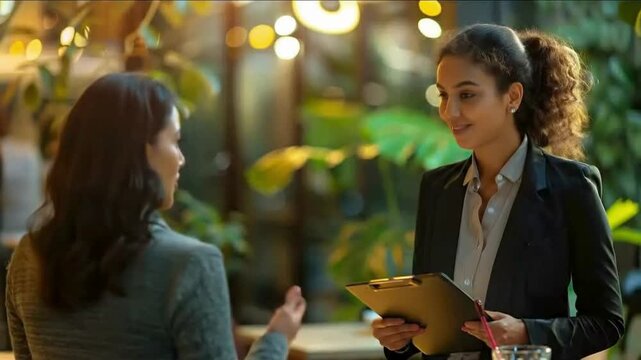 Two Professional Women in Conversation at Caf&eacute; with Clipboard &ndash; Business Consultation, Client Meeting & Professional Networking
