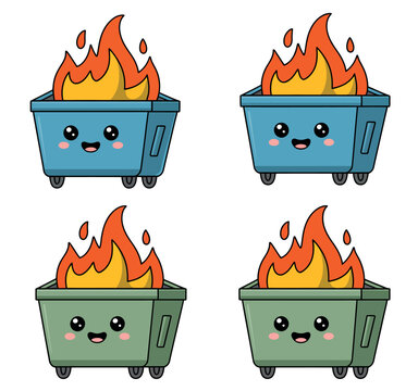 Funny Kawaii Dumpster Fire Clipart featuring a smiling trash bin engulfed in flames with cute expressive faces in front and side views.