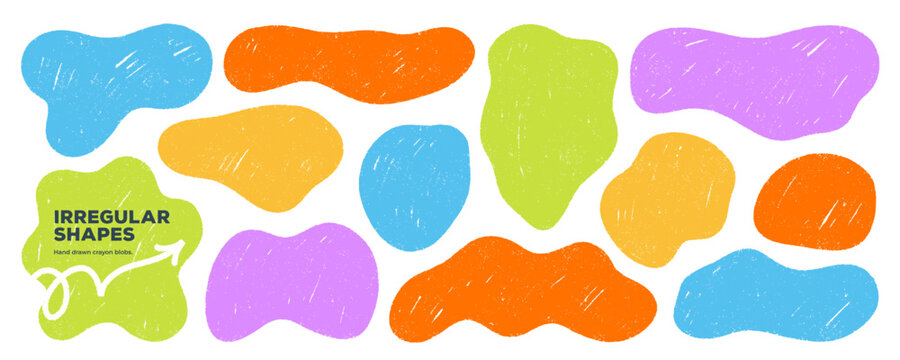 Irregular blob text shape set with crayon texture. Colorful abstract liquid and wavy shapes. Squiggly border frames with place for text. Hand drawn vector texture uneven playful funky blobs.