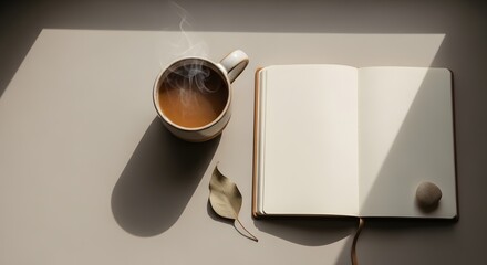 A cup of coffee and an open notebook on a table lit by natural light from a window casting shadows