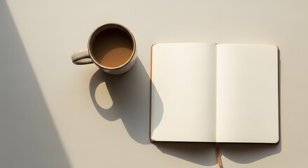 A cup of coffee and an open notebook on a table viewed from above