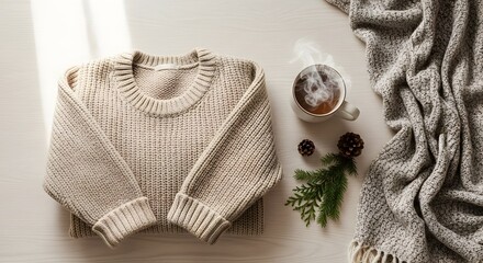 A cozy beige knitted sweater lies on a white surface next to a cup of coffee and a soft blanket in a warm and inviting scene.
