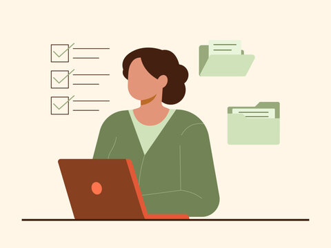 A woman working in the office using a laptop, working on assignments or organizing files. Solopreneur illustration. Flat vector concept.