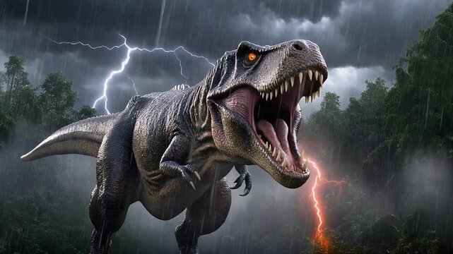 A colossal prehistoric beast roars fiercely during a dramatic lightning storm, its formidable presence dominating a dark, rain-soaked ancient jungle