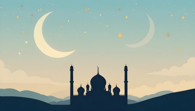 Flat vector illustration of Eid Mubarak background with crescent moon and mosque silhouette, soft pastel gradient sky, golden stars, clean minimal design, smooth curves, no text, editable layers, Adob