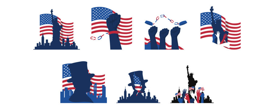 Set of freedom day illustration. Natiotan US freedom day, statue of liberty, lincoln, america skyline vector isolated.