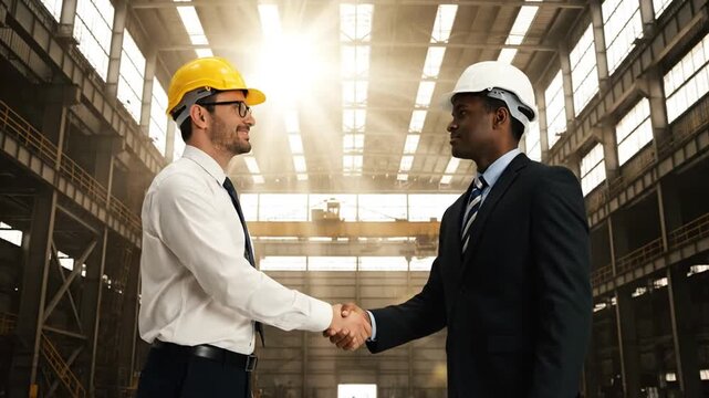 Engineers handshake in factory.