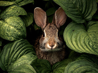 Close up portrait of a cute brown rabbit peeking through green tropical leaves