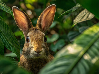 Close up portrait of a cute brown rabbit peeking through green tropical leaves