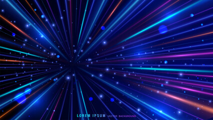 Fototapeta premium Abstract blue neon light speed vector background. Futuristic hyperspace motion blur rays with bokeh