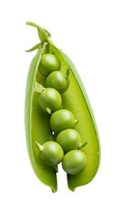 Close-up of open pea pod revealing vibrant green peas against black background