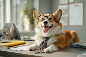 Funny Corgi dog wearing eyeglasses and purple tie sitting at office desk