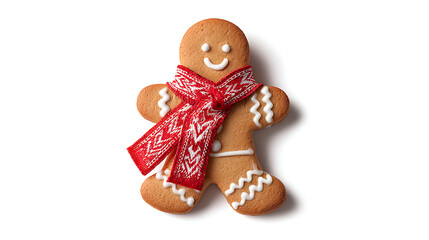 Gingerbread man cookie wearing a red knit scarf isolated on white background