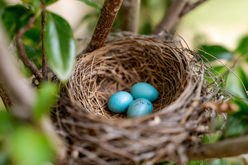 Three small blue eggs in a bird nest on a tree branch among green leaves