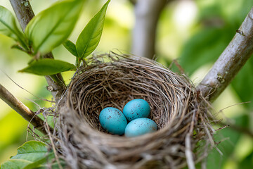 Three small blue eggs in a bird nest on a tree branch among green leaves