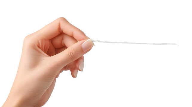A hand holding a piece of dental floss against a black background