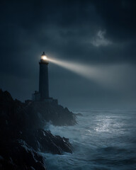 Classic white lighthouse on rocky cliff with bright beam of light during stormy night at sea