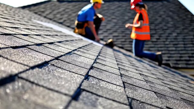 Video, buildings and architecture, asphalt shingle roofs with blurred workers in the background, for background, advertising, video assets, 