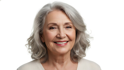 Confident, smiling senior woman with elegant grey hair on white background