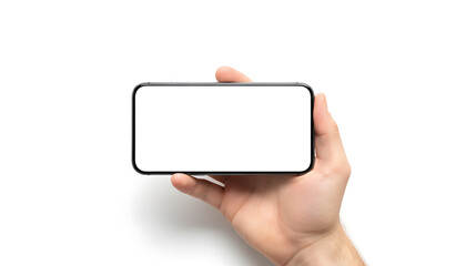 Hand holding modern smartphone horizontally with blank white screen mockup. Mobile device in landscape mode on white background.