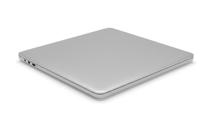 Sleek closed silver laptop computer isolated on white background with soft shadow