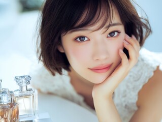 香水のボトルのそばで優しく微笑む女性が演出する上品な香りと美容のイメージ