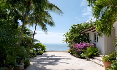 a backyard in miami looking out into the ocean, beach driveway, palm trees