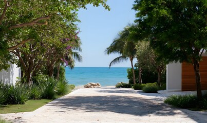 Fototapeta premium a backyard in miami looking out into the ocean, beach driveway, palm trees