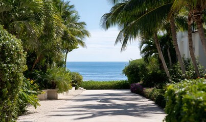 a backyard in miami looking out into the ocean, beach driveway, palm trees