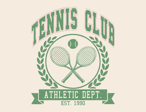 Vintage Tennis Club Athletic Dept. Illustration - Retro Collegiate Sports Graphic with Crossed Rackets, Laurel Wreath, and Tennis Ball - Est. 1990 Varsity Style T-Shirt Design Art