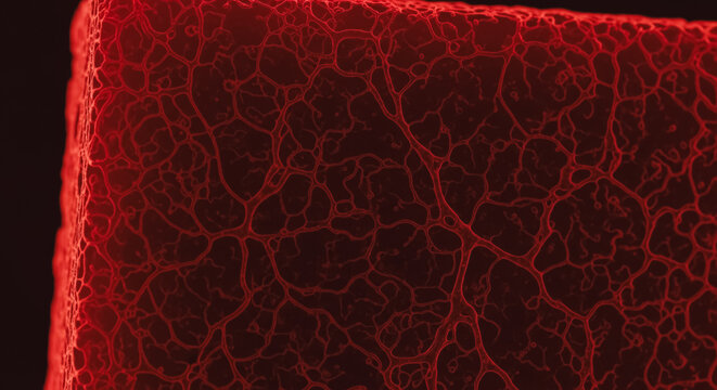Highly detailed 3D rendering of a microvascular network, depicting red blood vessels and complex capillaries within biological tissue. Scientific visualization of microcirculation, anatomy, and cellul