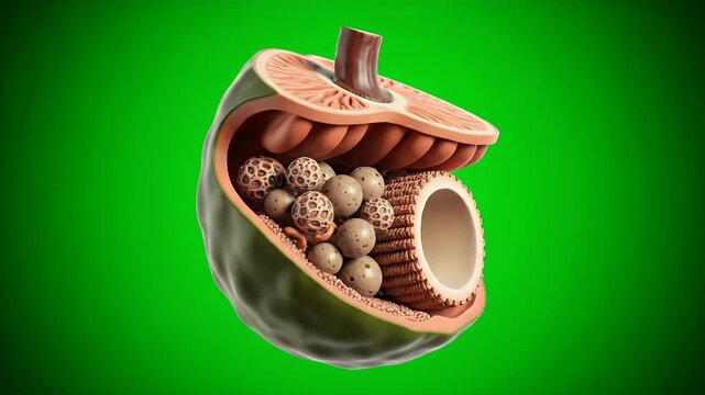 Detailed 3D CGI Medical Cross Section of a Gallbladder Isolated on Green Screen Background for Educational and