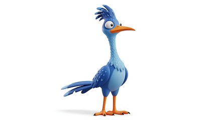 A vibrant blue cartoon bird with a long beak and orange legs stands on a white background, looking curious.